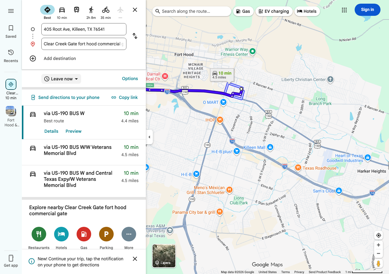 Google Maps driving directions from 405 Root Ave Killeen TX to Fort Cavazos Clear Creek Gate — approximately 10 to 12 minutes