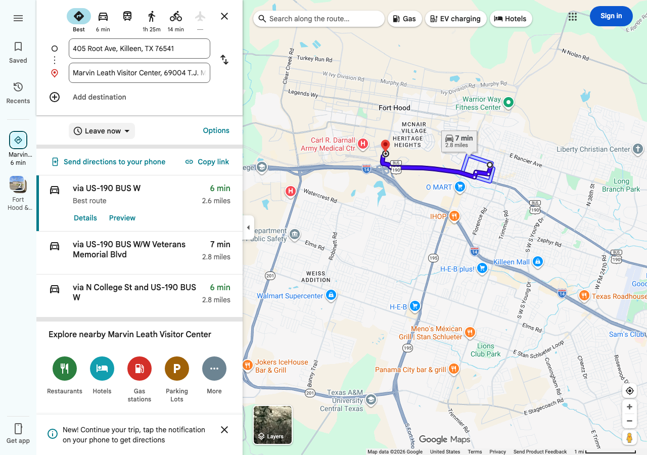 Google Maps driving directions from 405 Root Ave Killeen TX to Fort Cavazos Main Gate — approximately 4 to 7 minutes